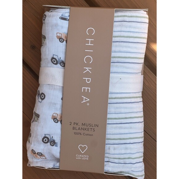 Chick Pea Muslin Cotton Swaddling Baby Blankets Blue Construction Trucks Stripes - Picture 1 of 5